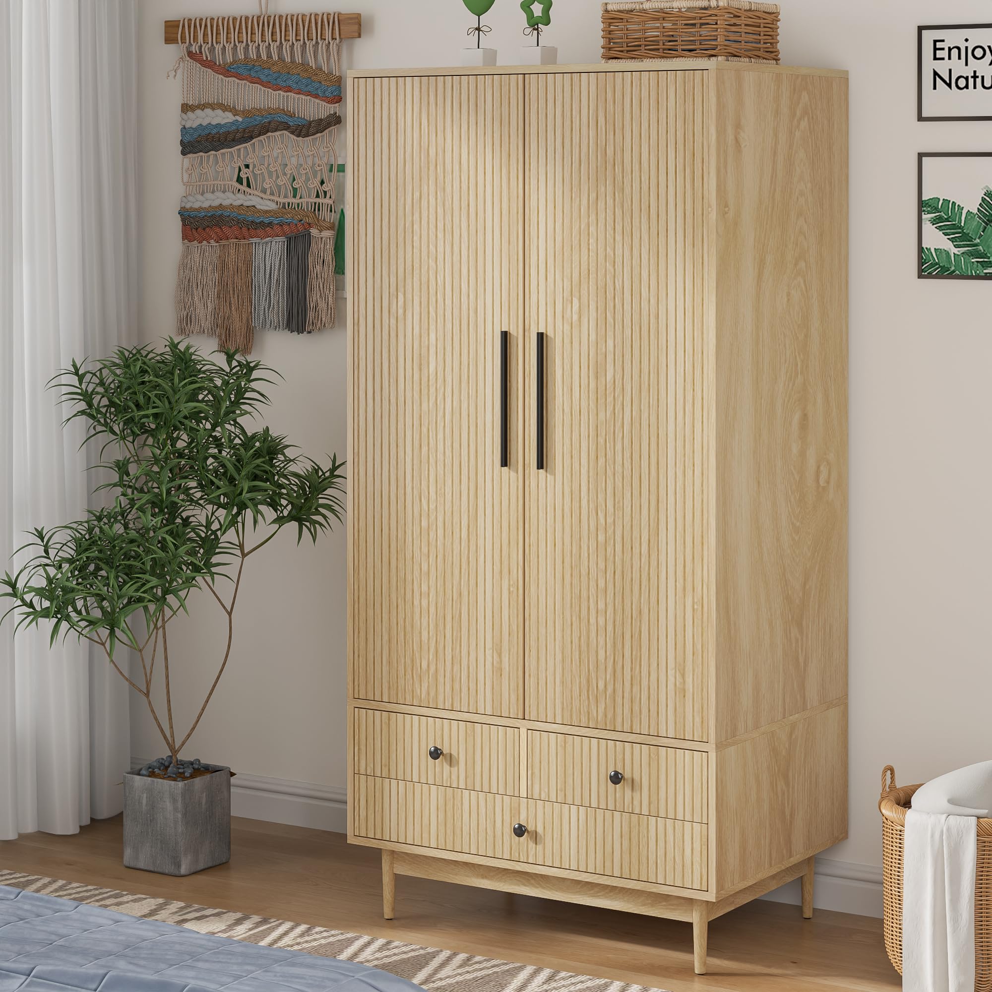 Armoire Wardrobe Closet with 2 Fluted Doors and 3 Drawers