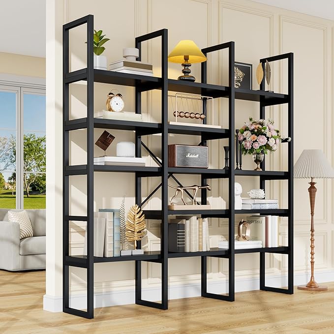 5-Tier Geometric Bookcase 71 Inches Tall Gold and White