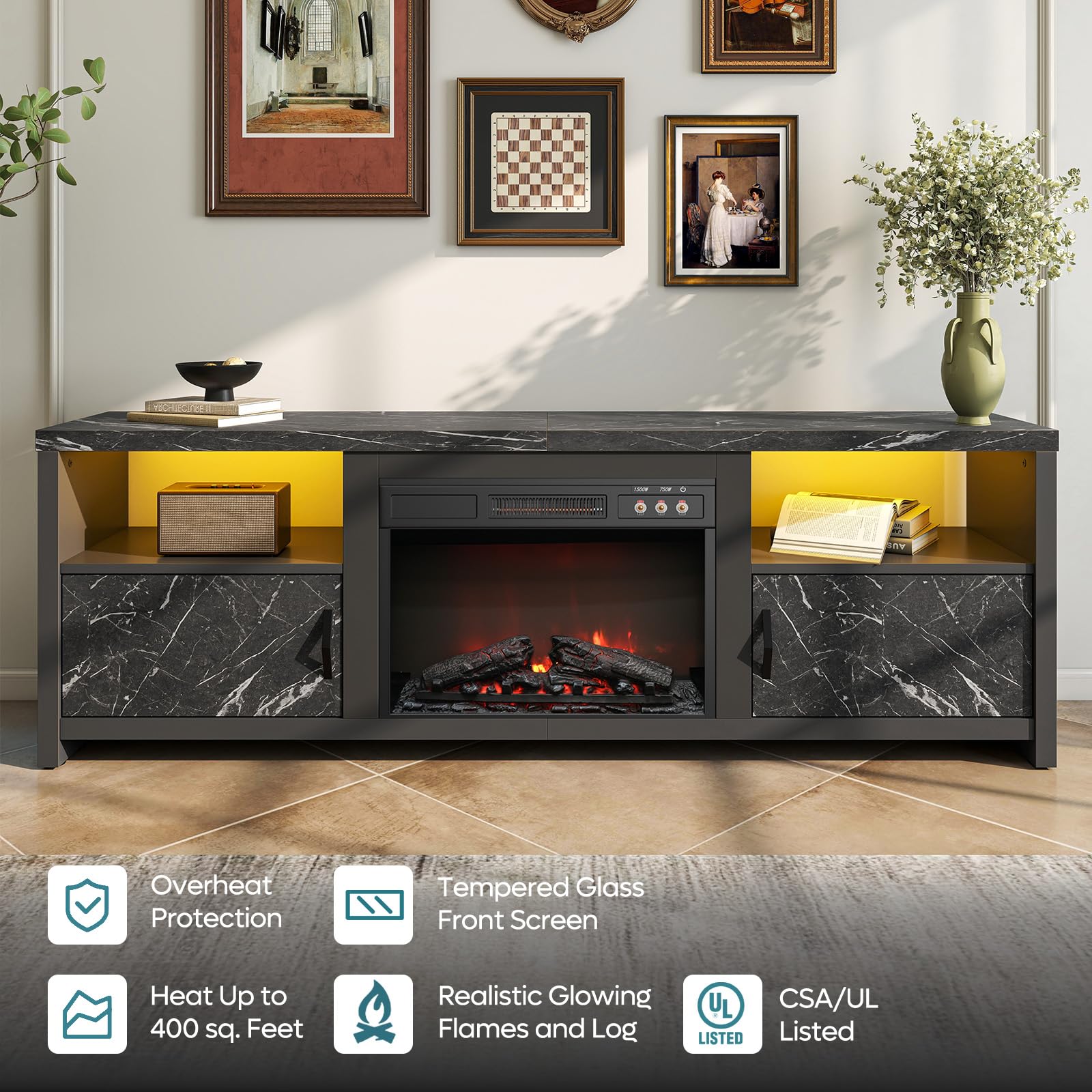 70" Electric Fireplace TV Stand with LED Lights and Storage