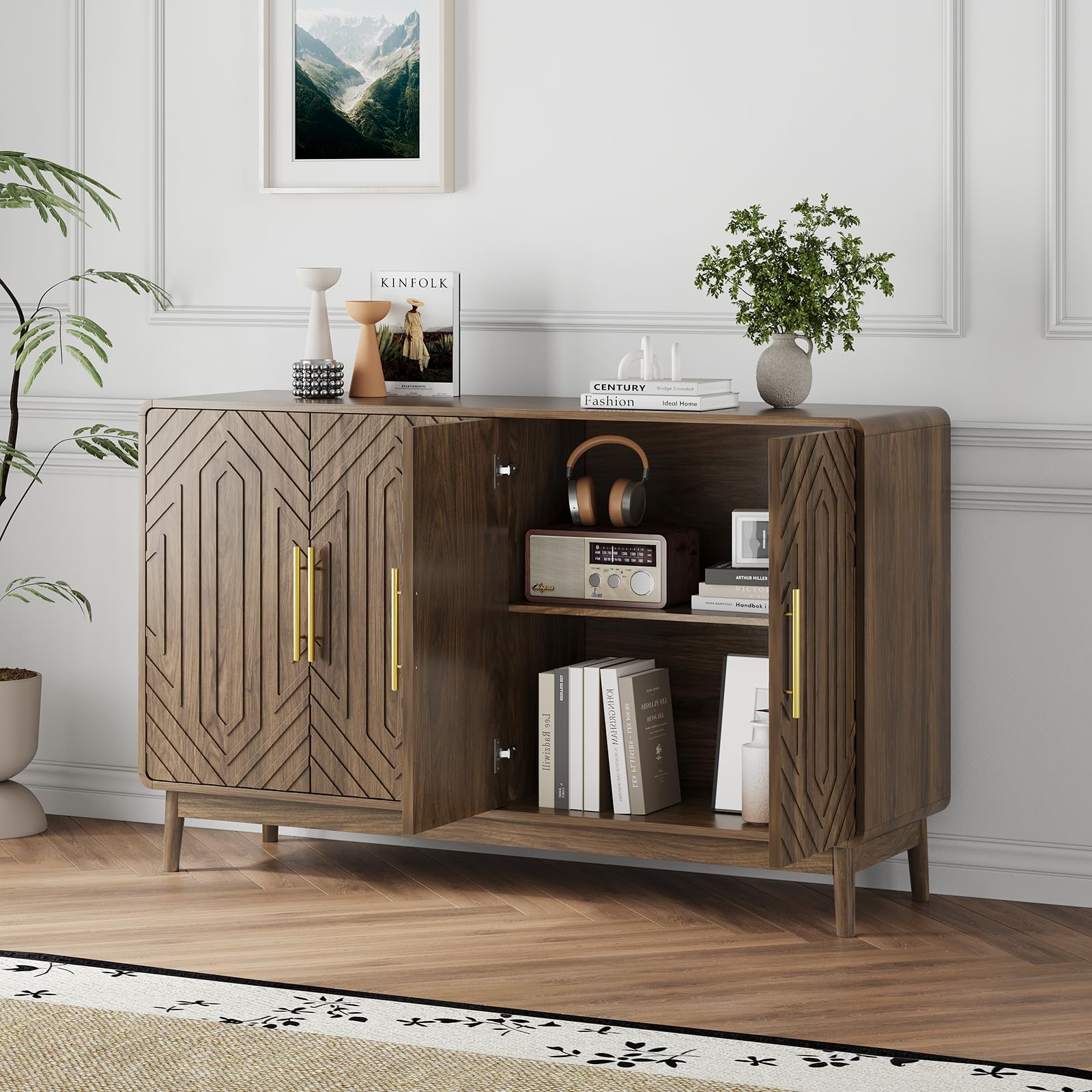 Walnut 4-Door Sideboard Buffet Cabinet with Adjustable Shelves
