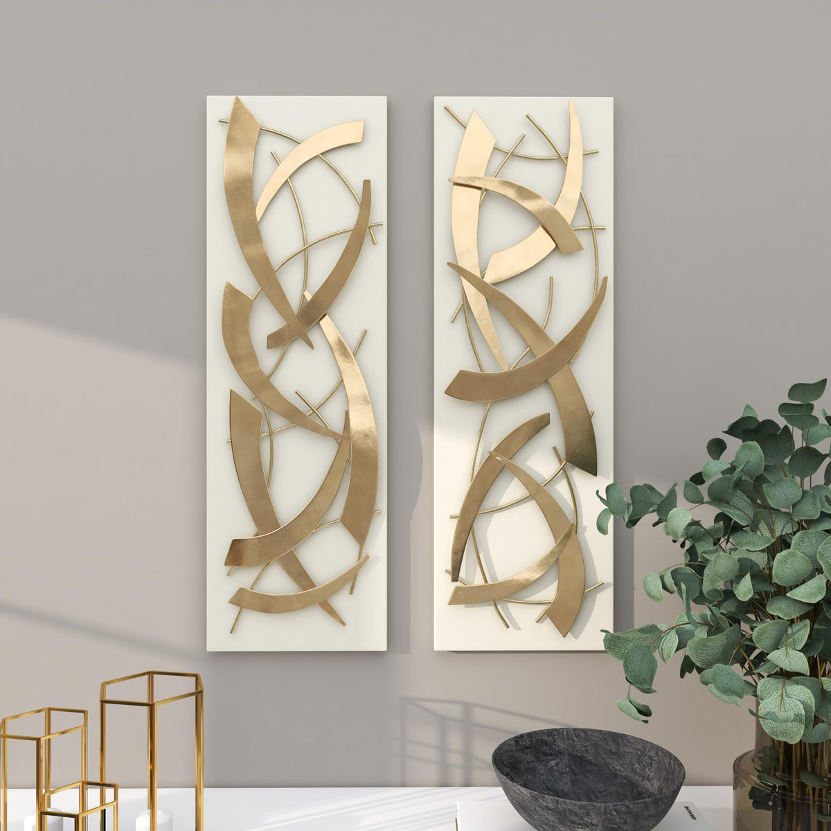 Metal Abstract Wall Sculpture Set of 2 with Wood Backing