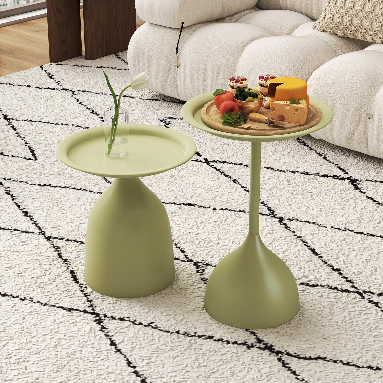 hitsuki Green Nesting Coffee Table Set of 2 Funky Colorful Round Metal End Side Tables for Living Room Sofa Retro Modern Pedestal nightstand Cute Matte Cream Green Side Table