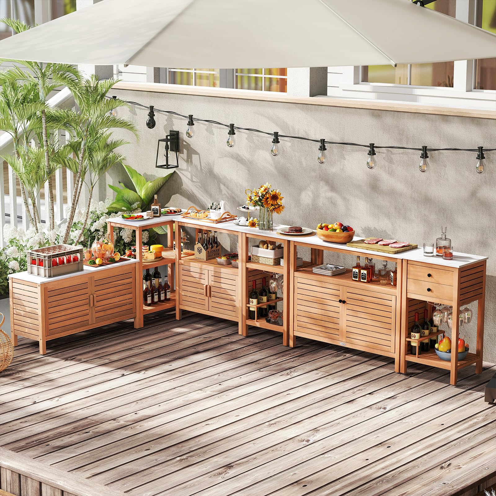 Acacia Wood Patio Storage Cabinet with Marble-Like Countertop