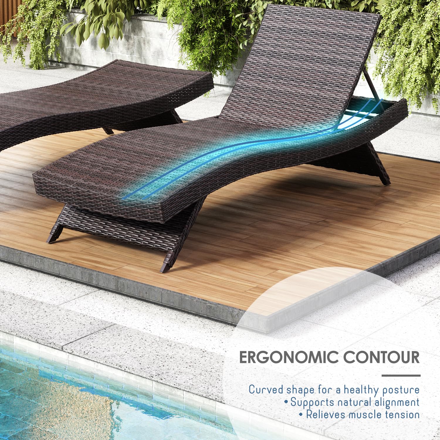 Outdoor Wicker Chaise Lounge Chair Set of 2 with Reclining Backrest