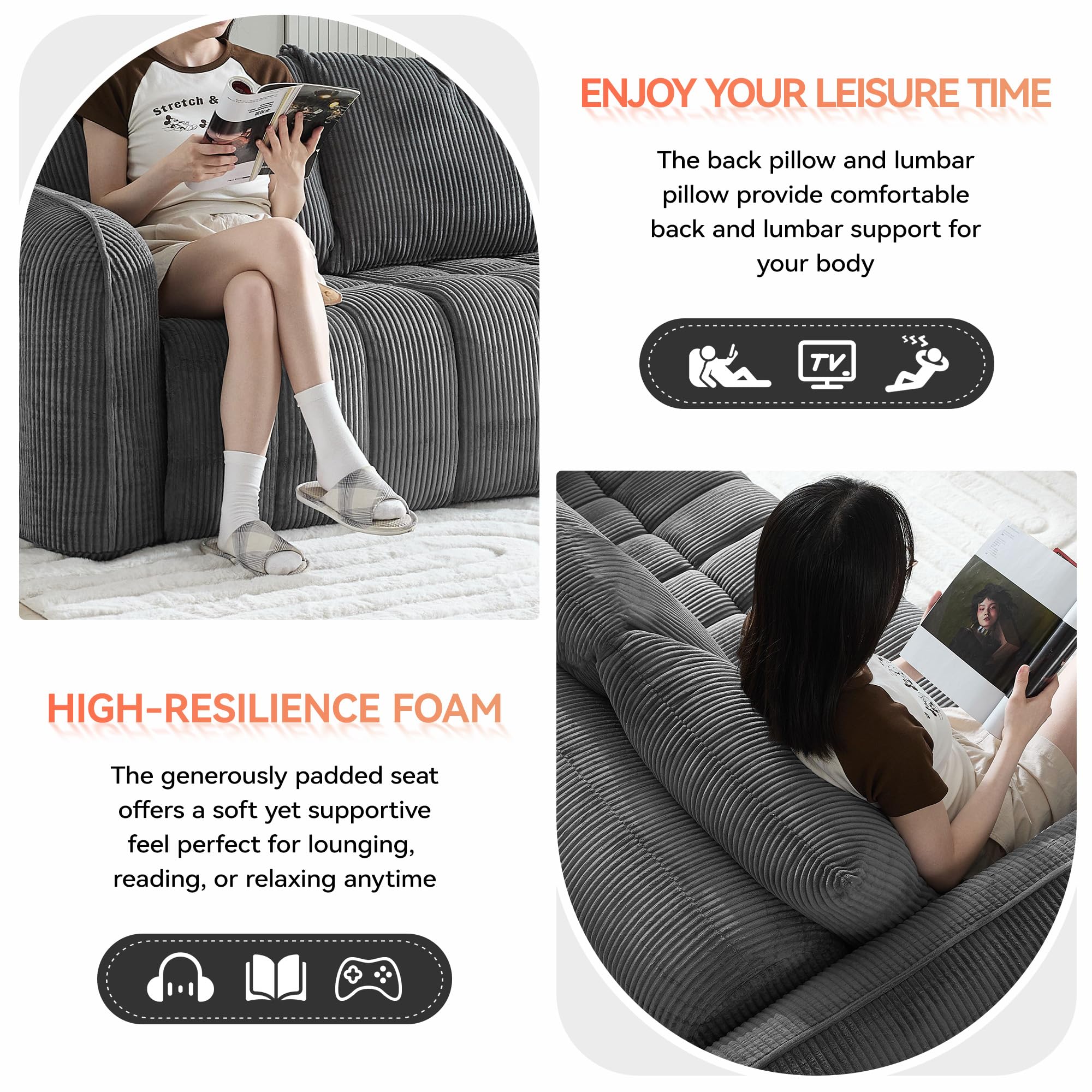 Modern Corduroy Living Room Set - Loveseat with 2 Single Chairs