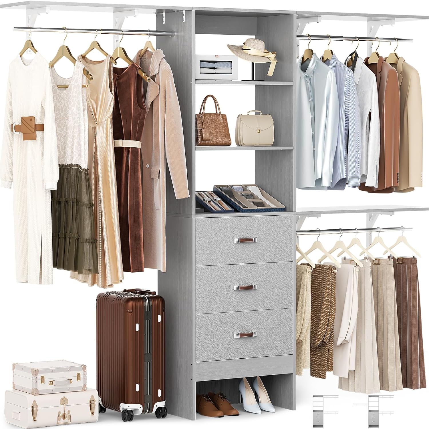 8FT Closet Organizer System with Drawer and Shelving Tower