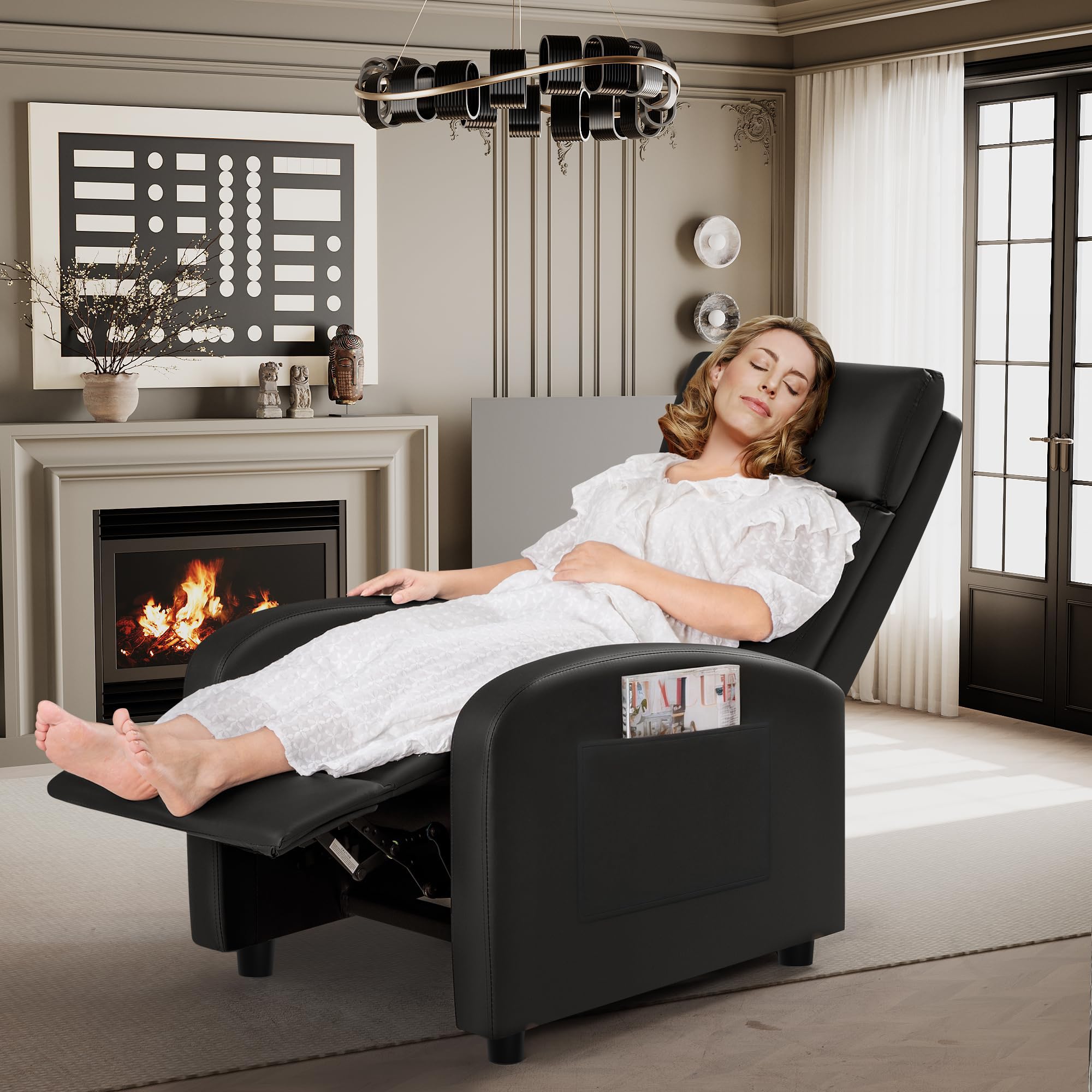 Rankok Recliner Chair Modern PU Leather Reclining Chair Ergonomic Adjustable Recliner for Living Room Home Theater Seating Single Sofa (Black)