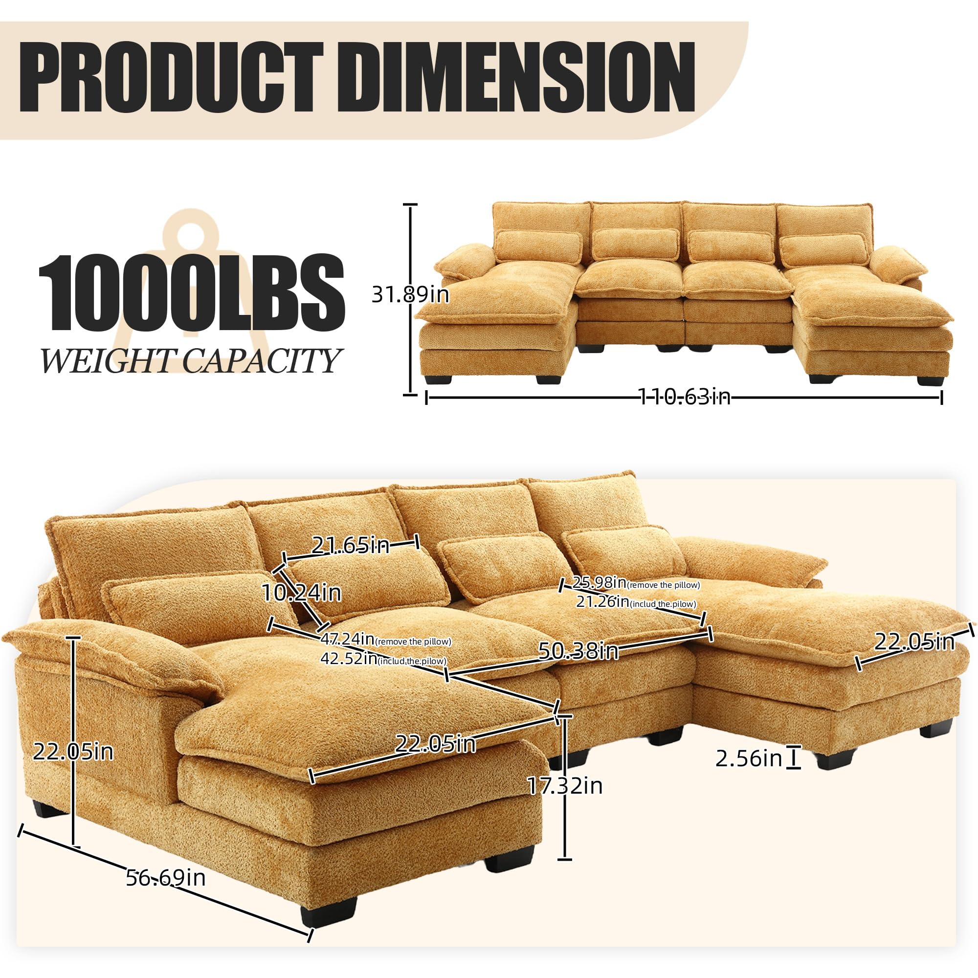 110'' U-Shaped Sectional Sofa with Double Lounger