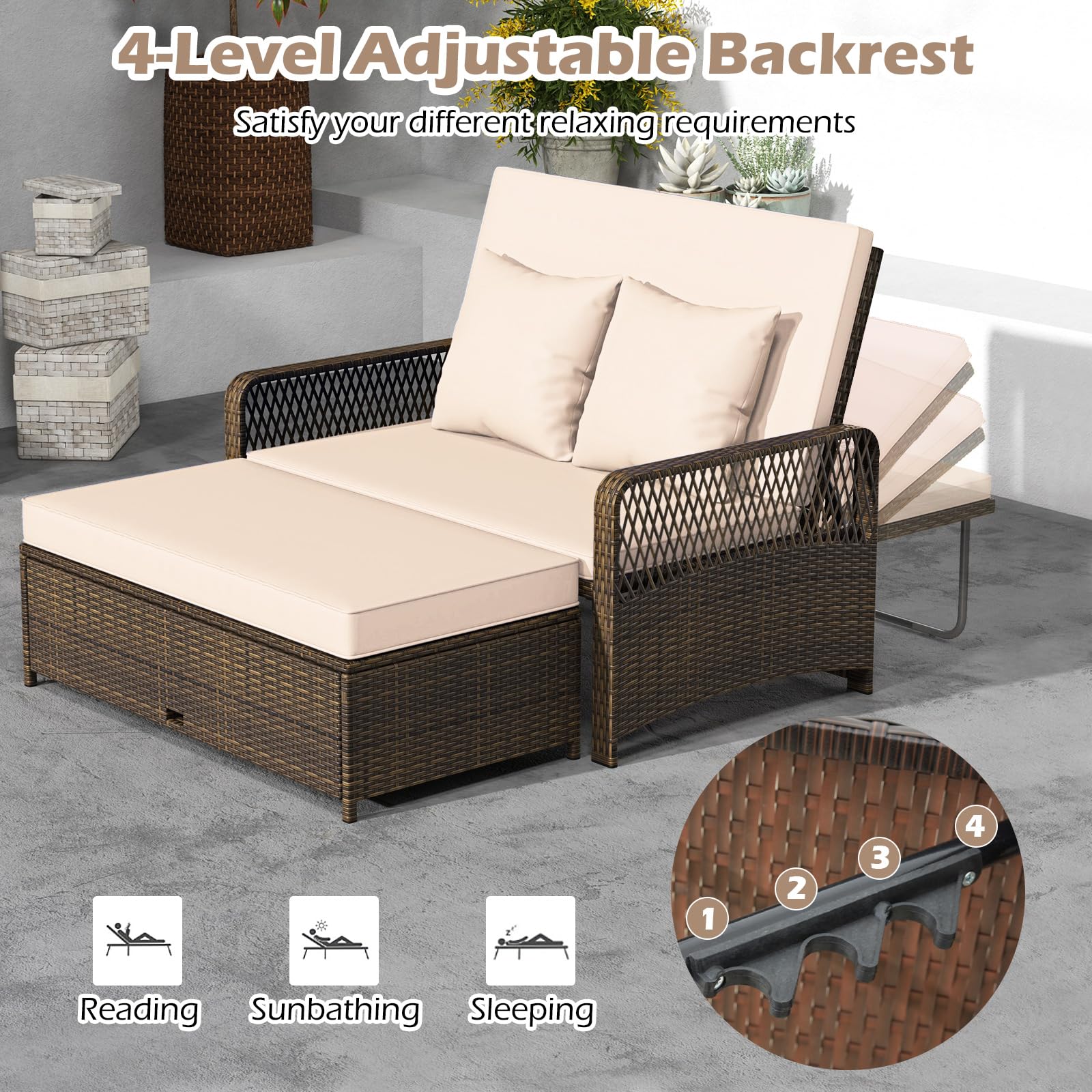 Patio Rattan Daybed with Adjustable Backrest