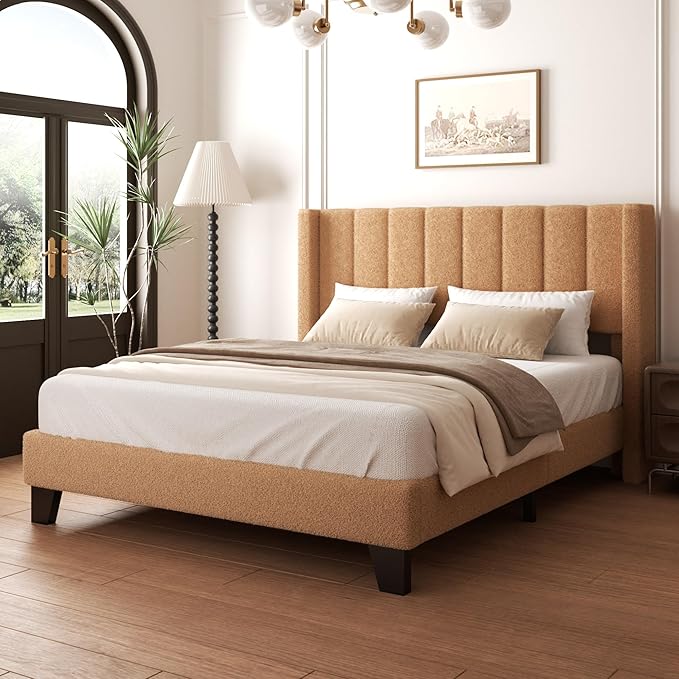 Queen Upholstered Platform Bed Frame with Teddy Velvet Headboard