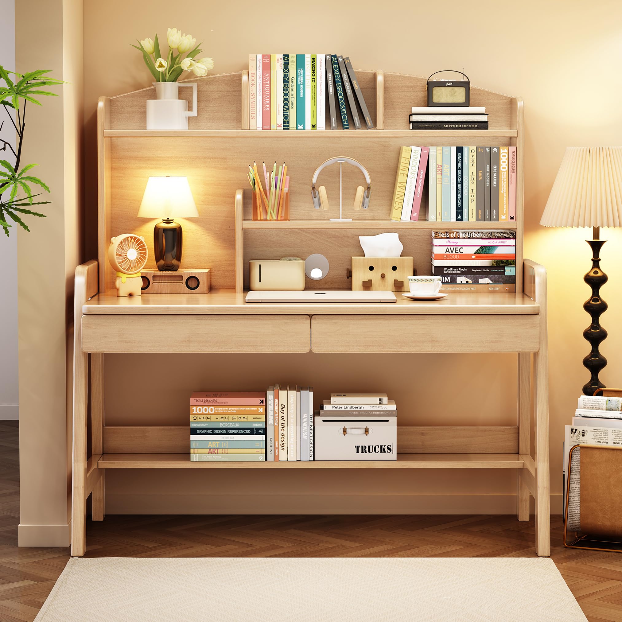 Kids Wooden Study Desk with Bookshelf and Two Drawers