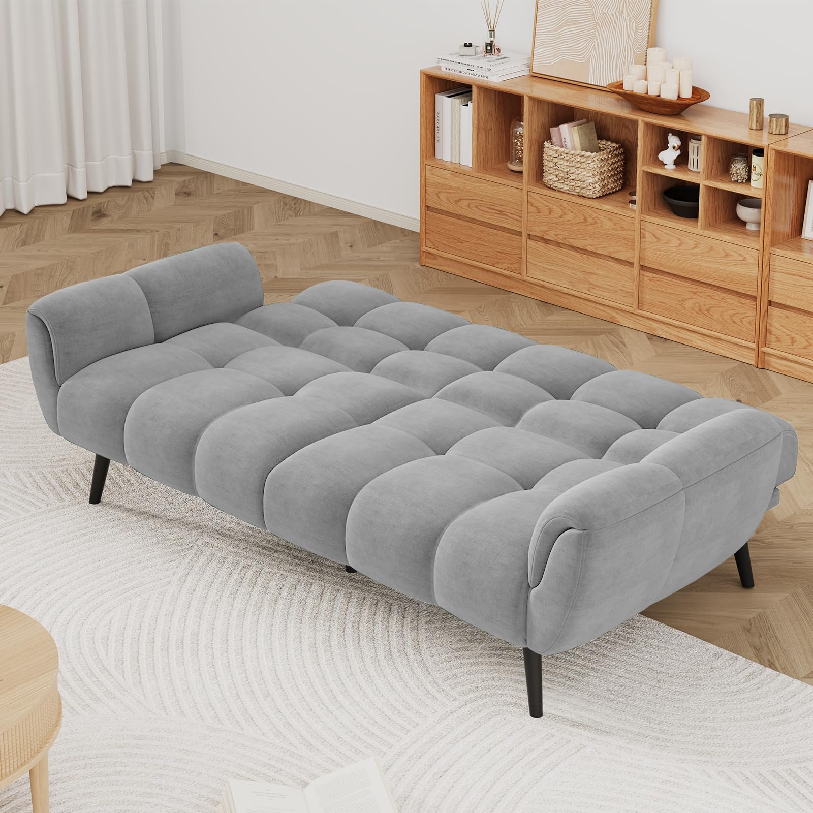 Convertible Futon Sofa Bed 76.77" Grey Linen Sleeper Couch