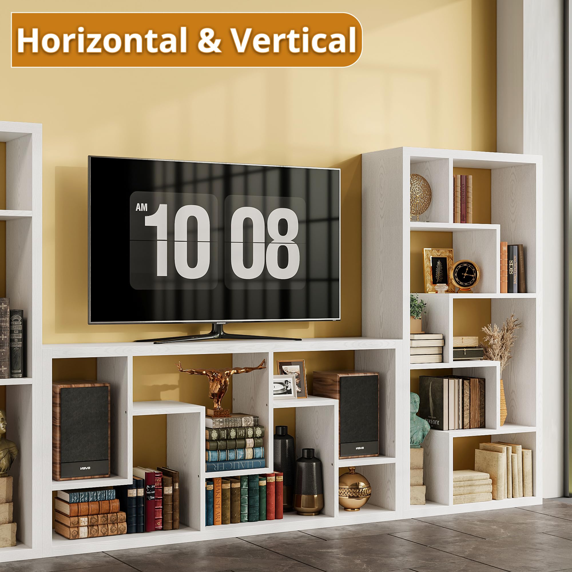 Geometric Bookcase 6-Shelf Industrial White Etagere Tall Storage Display