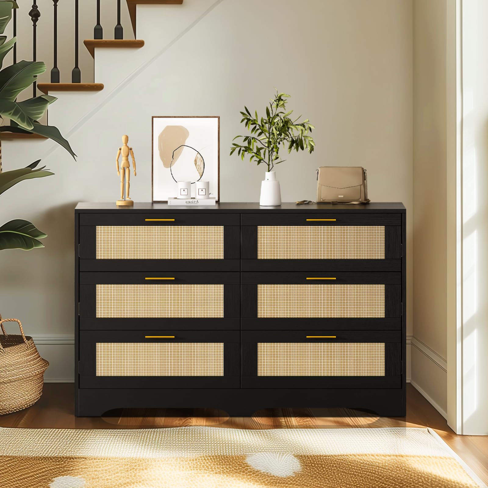 6 Drawer Rattan Dresser with Golden Handles
