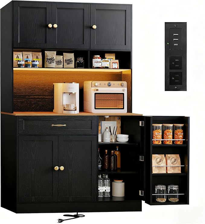 Kitchen Pantry Cabinet with LED Light and Charging Station