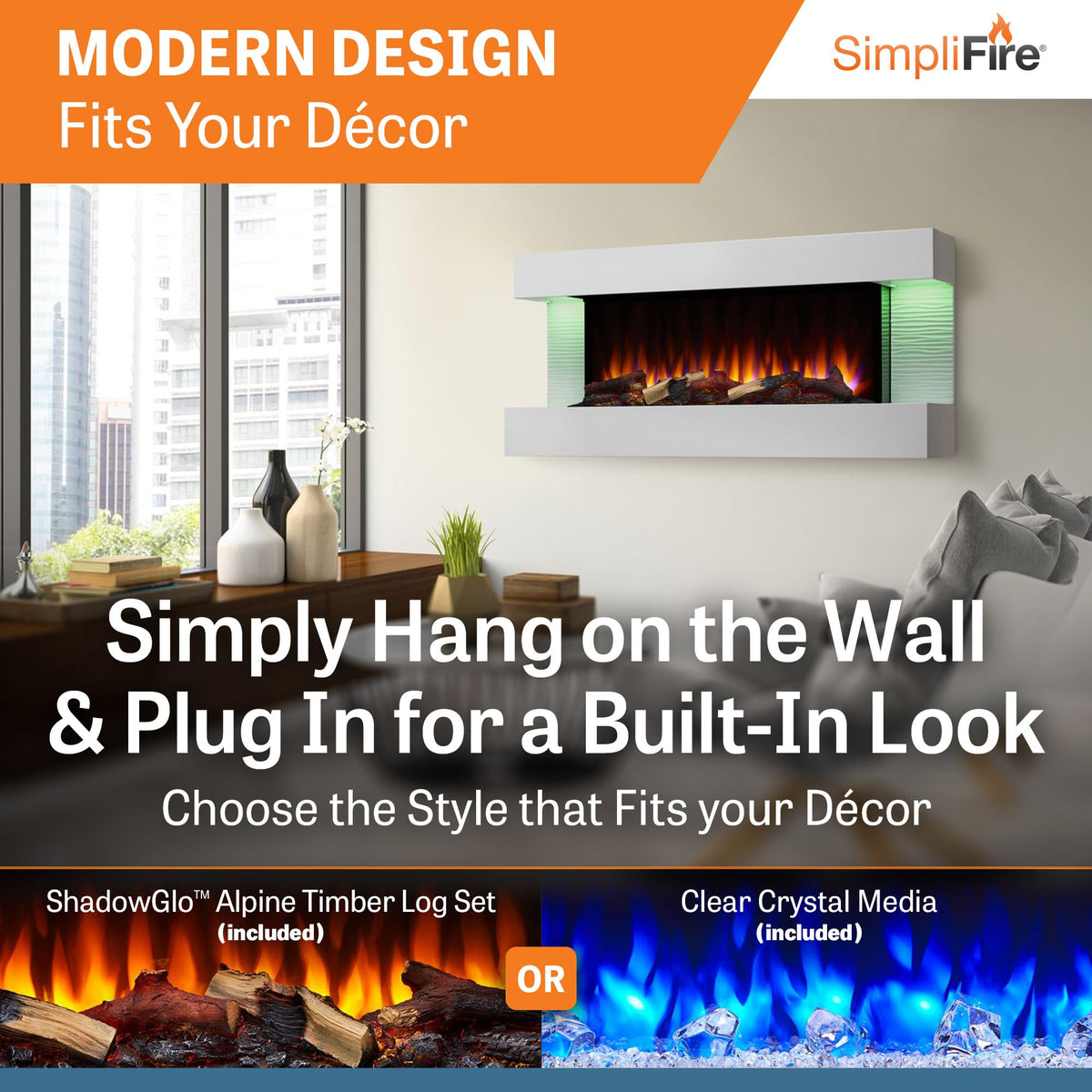 36-Inch Wall Mount Electric Fireplace with 50-Inch Floating Mantel