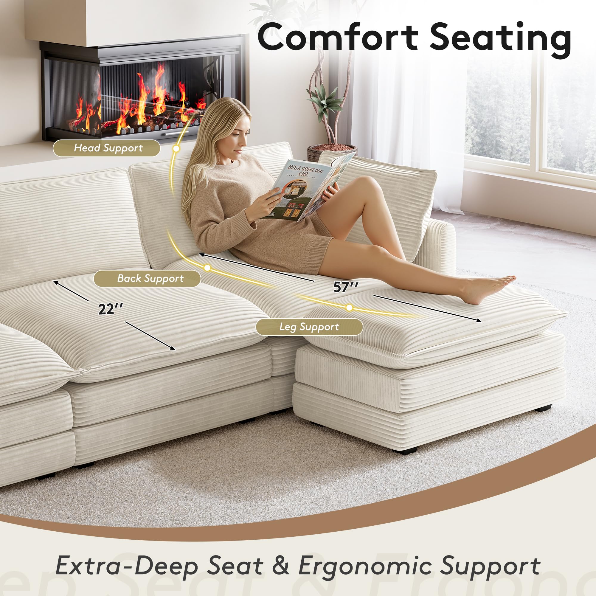 104" Modern Modular Sectional Sofa with Movable Ottoman