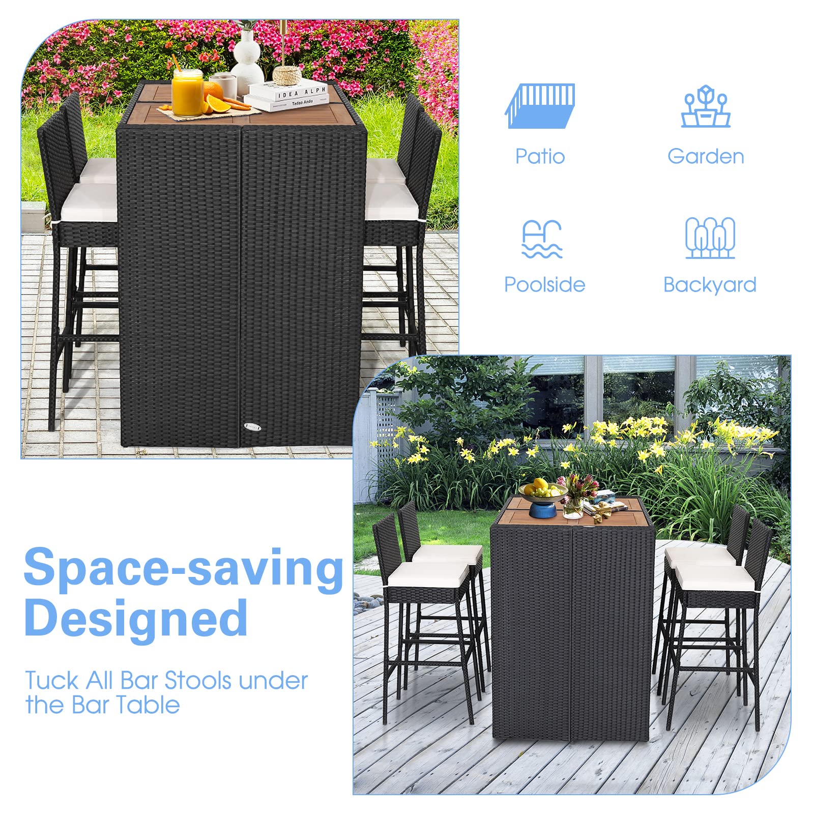 5 Piece Outdoor Bar Set with Acacia Wood Table and Rattan Stools