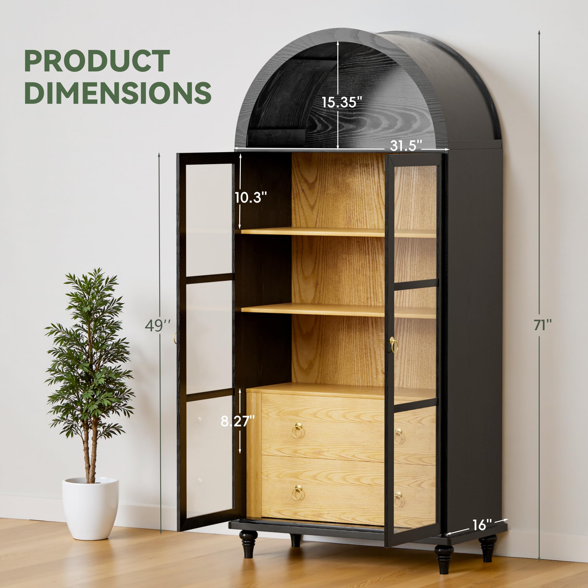 71" Arched Storage Cabinet with Drawers and Glass Doors