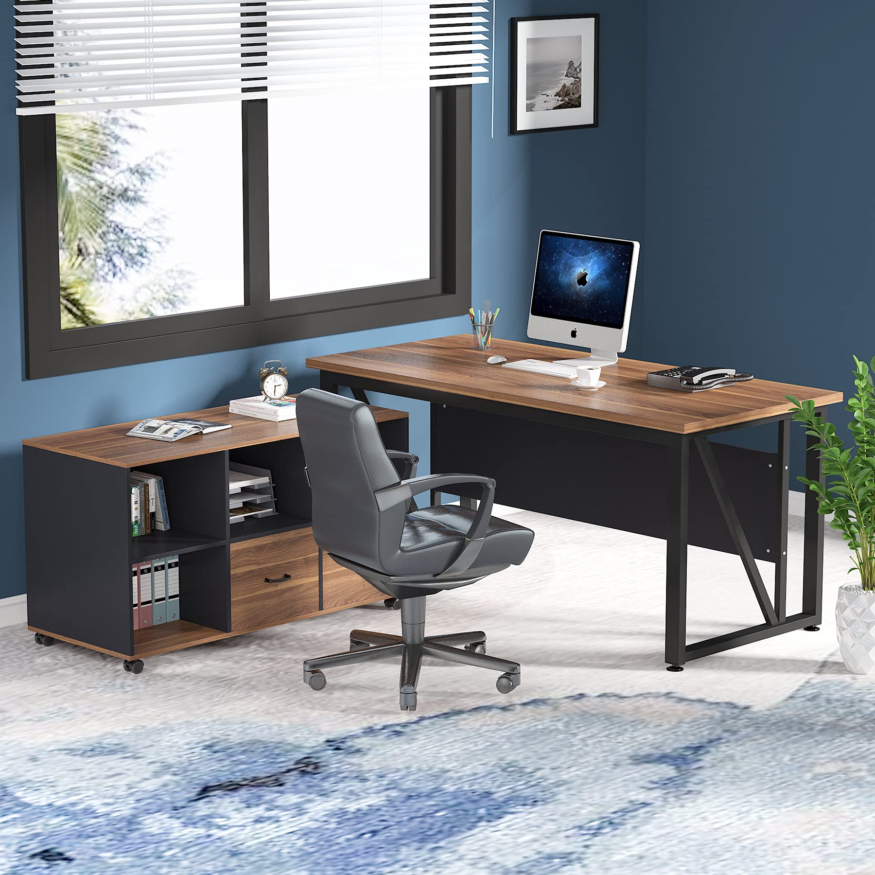 55" L-Shaped Executive Desk with File Cabinet