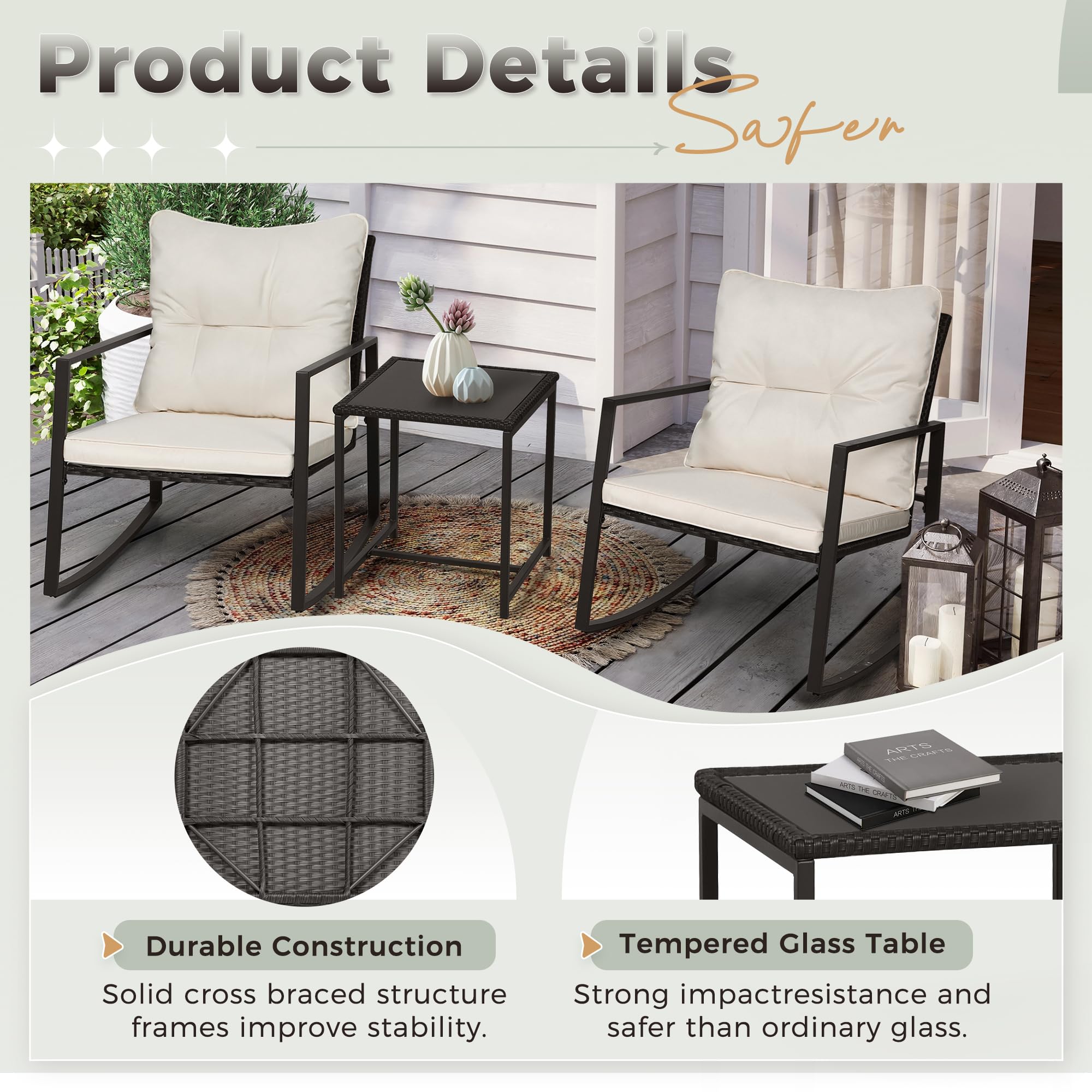 3-Piece Outdoor Rocking Bistro Set with Glass Coffee Table
