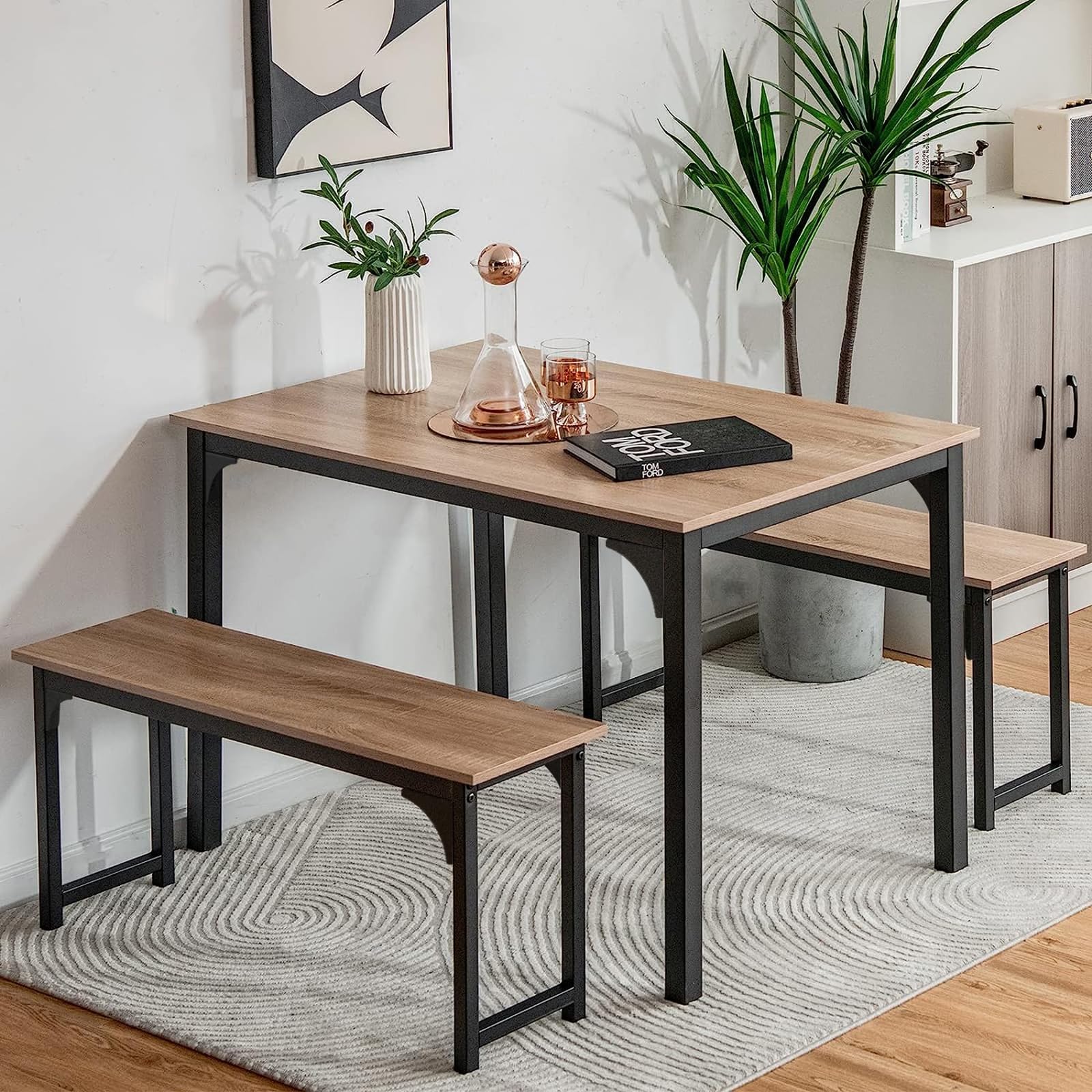 NAFORT 3-Piece Modern Dining Table Set for 4, 43.5" x 27.5" x 29.5", Black, Space-Saving with Under-Bench Storage, MDF Wood & Metal Frame, Ideal for Home & Restaurant