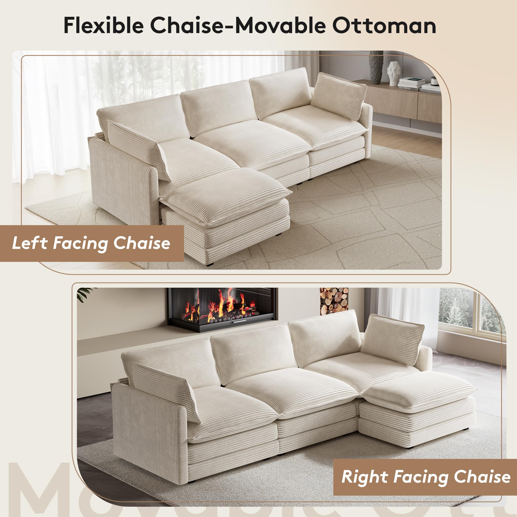104" Modern Modular Sectional Sofa with Movable Ottoman