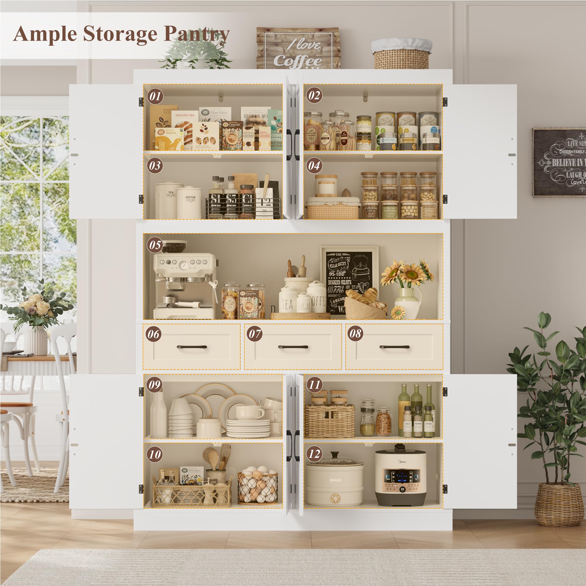 76" Tall Kitchen Pantry Storage Cabinet with Drawers