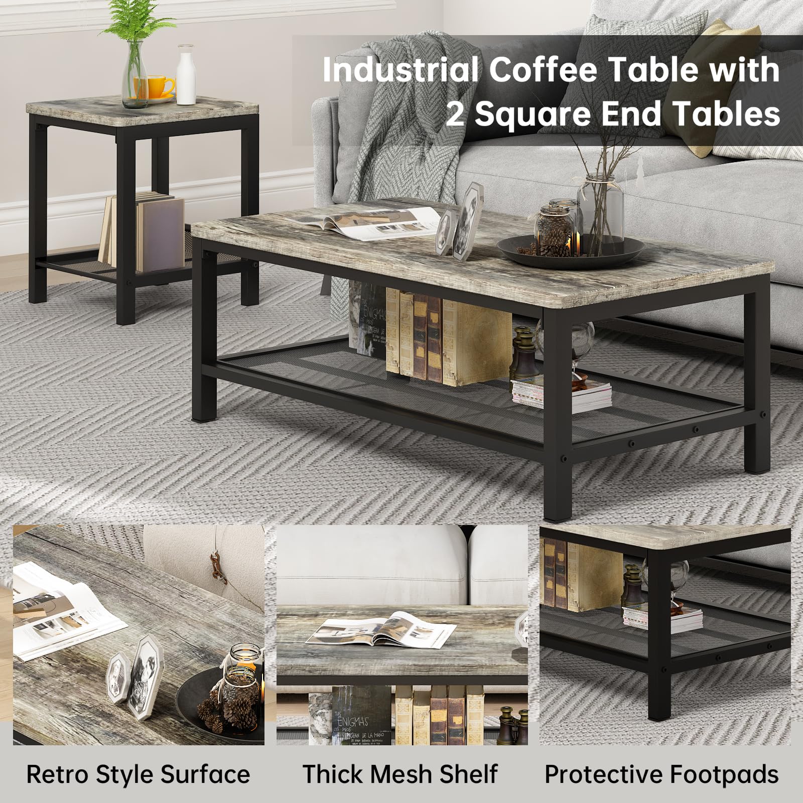 3-Piece Industrial Coffee Table Set with Square End Tables