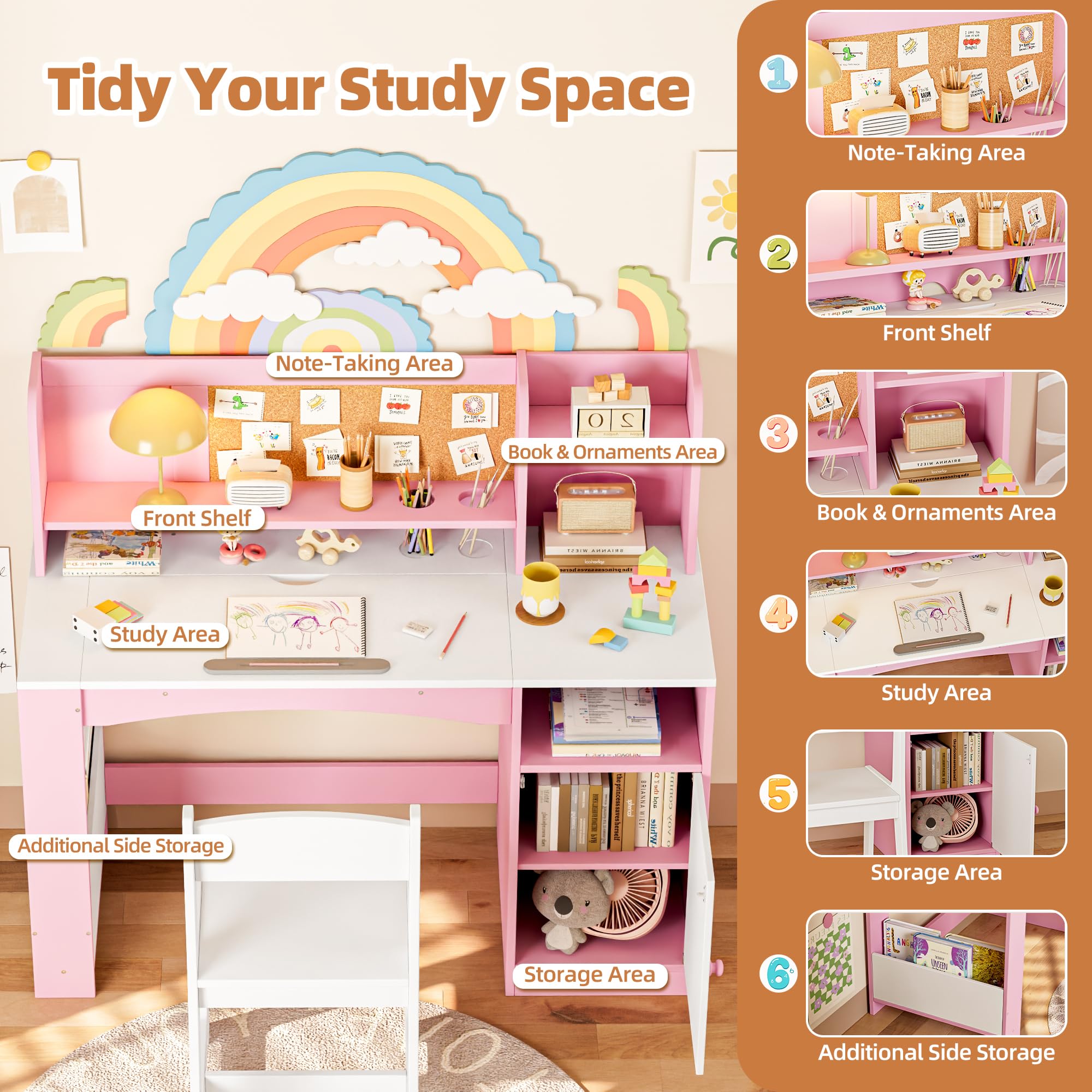Betterhood Kids Study Desk and Chair Set, Kids Desks with Hutch Storage and Tiltable Desktop, Wooden Children Study Table for 5-12 Years Old Girls, Student Writing Desk for Bedroom (Pink)