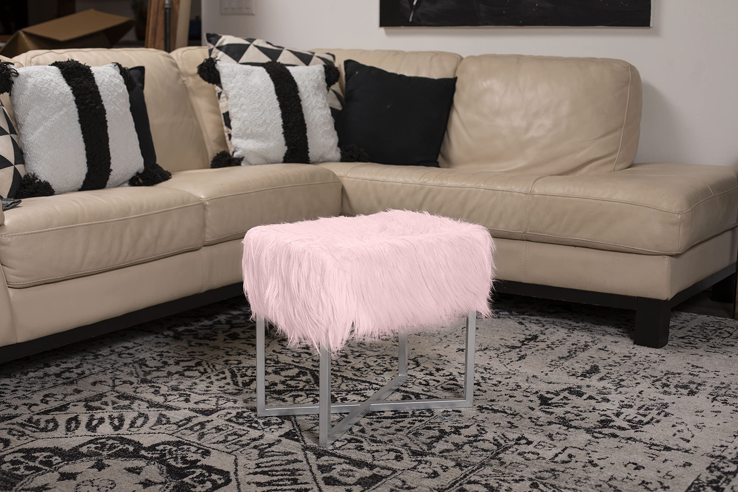 Rectangular Faux Fur Vanity Stool Ottoman Pink