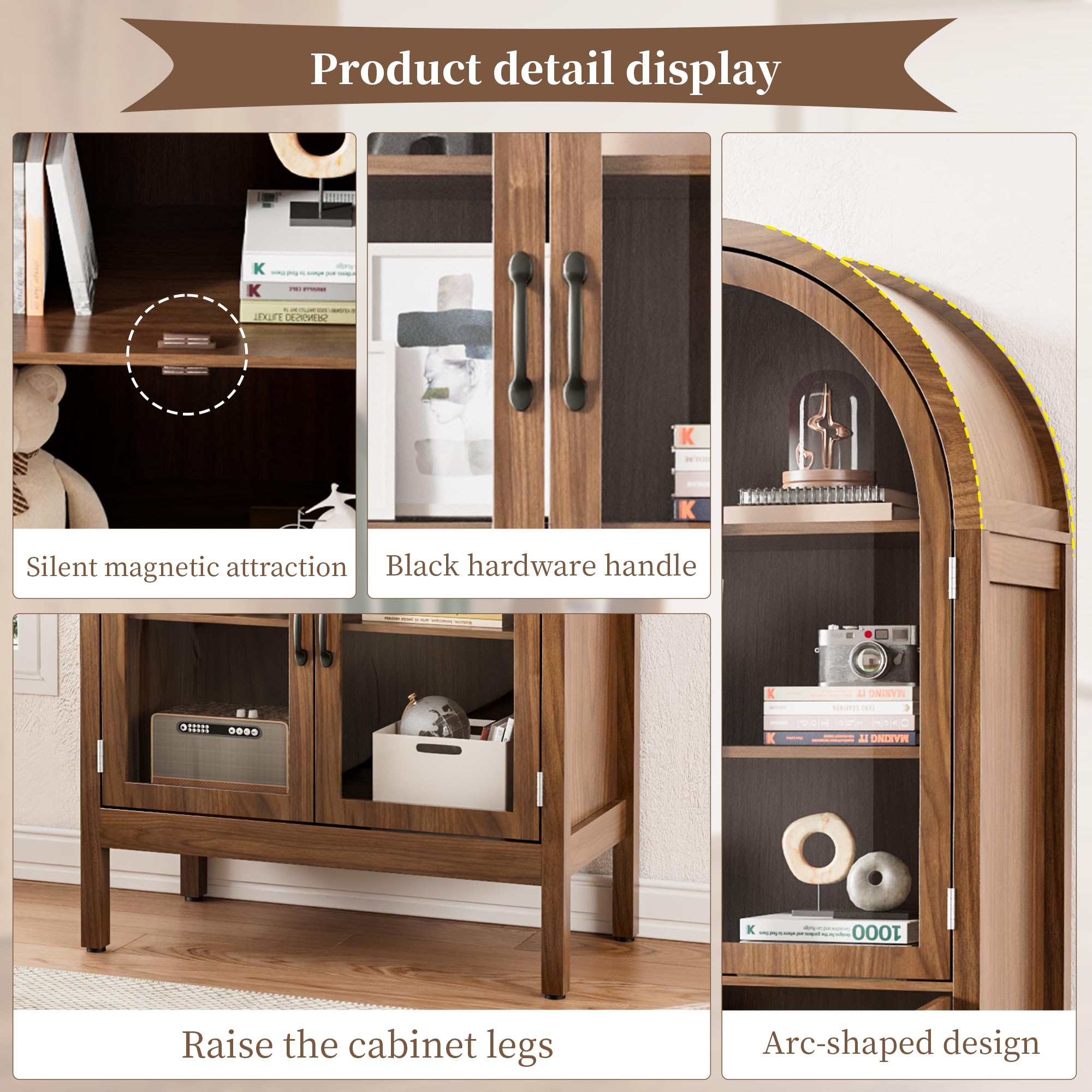 Arched Kitchen Pantry Cabinet with Glass Doors
