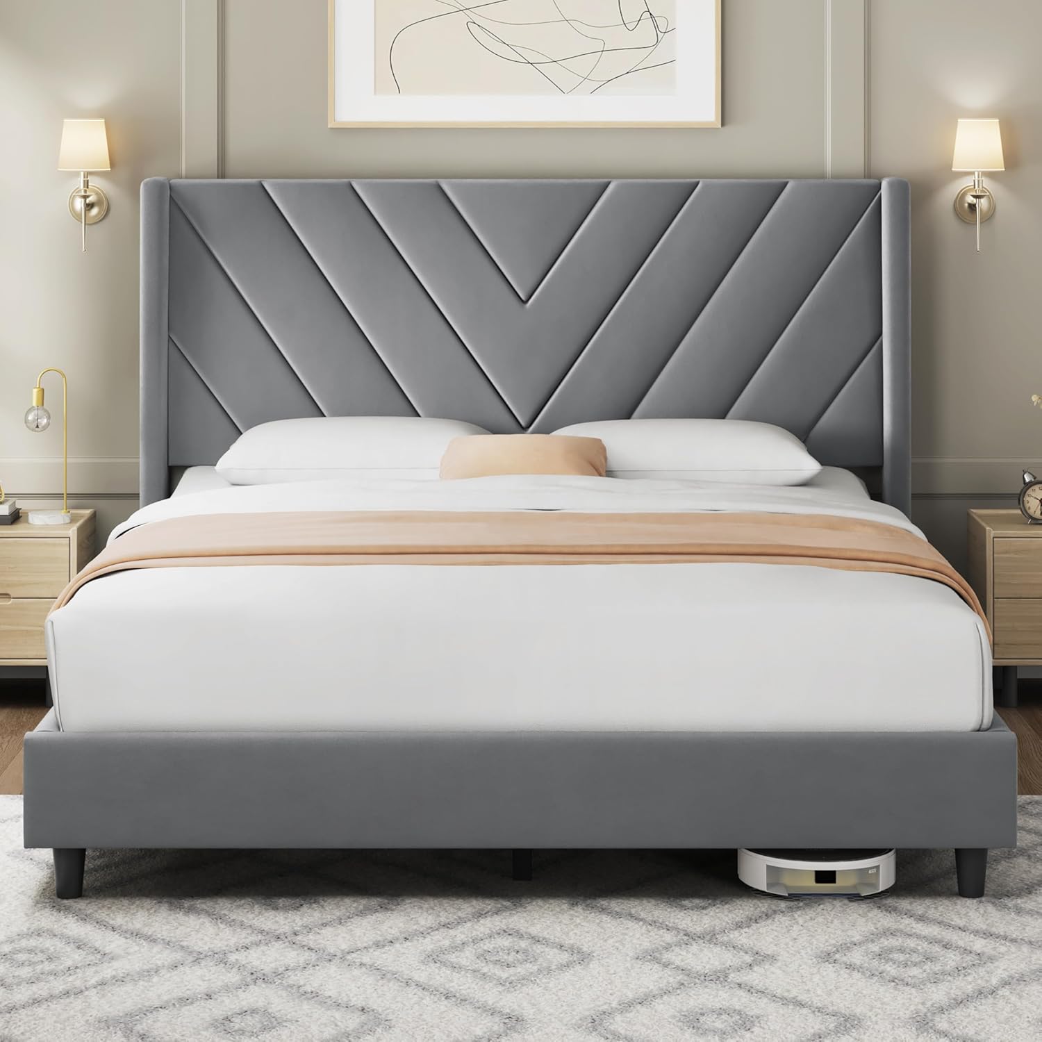 Queen Upholstered Platform Bed Frame with Tufted Wingback Headboard