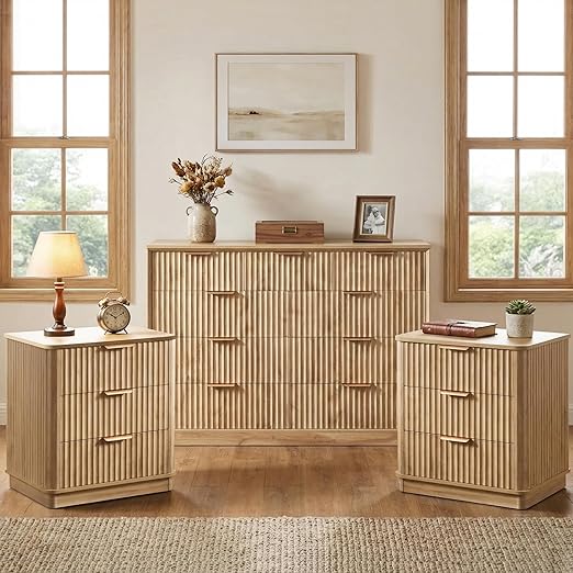 Fluted 9 Drawer Dresser and Nightstand Set