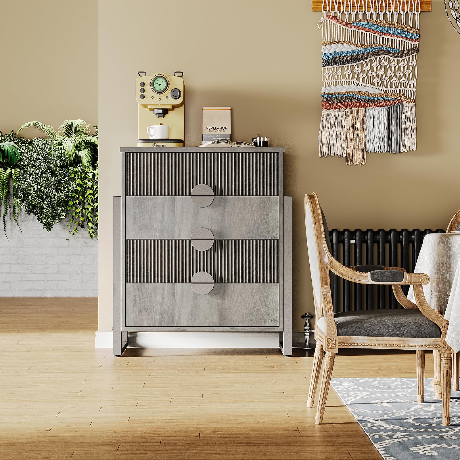 Fluted Dresser with 4 Drawers - Modern Chest with Steel Frame