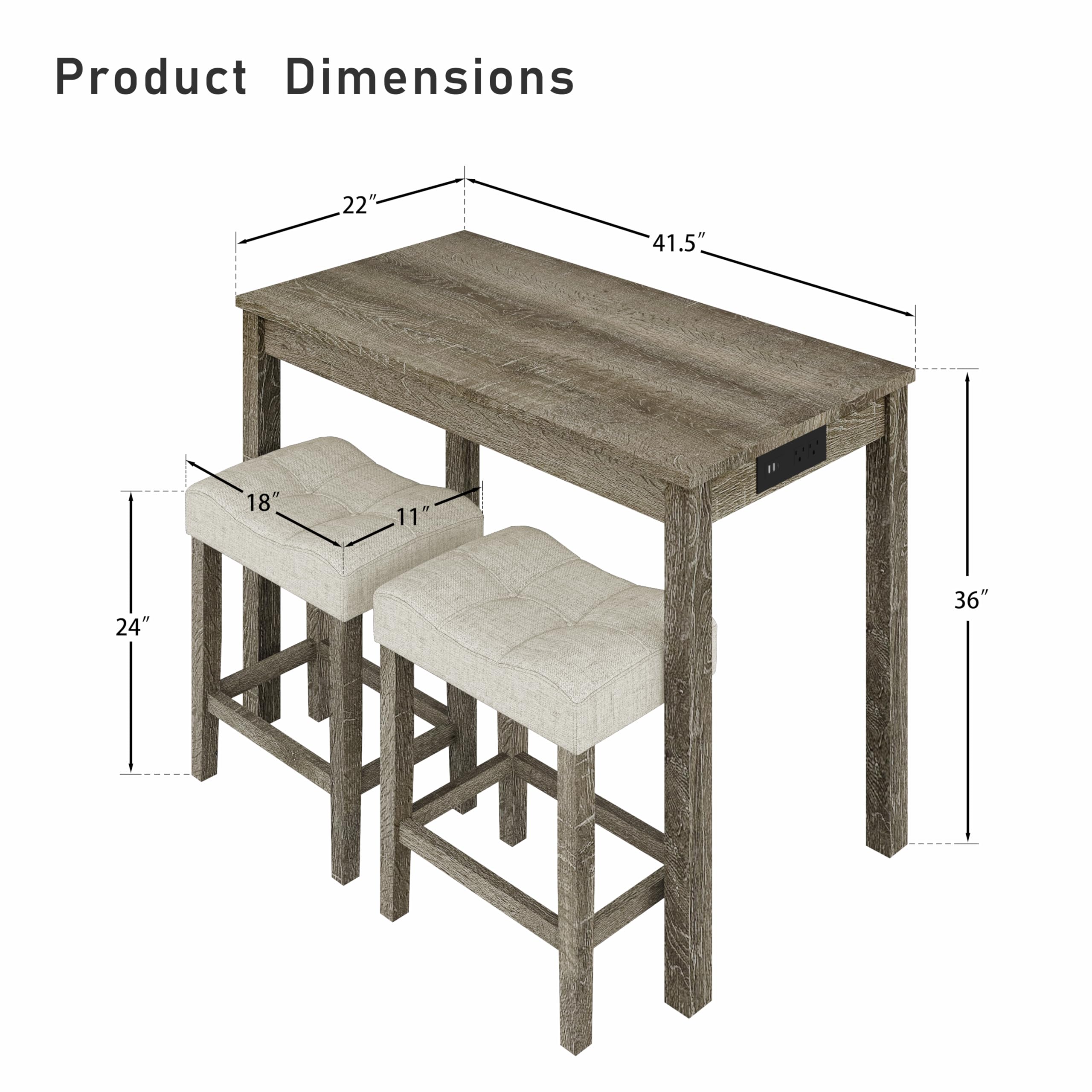 3-Piece Counter Height Bar Table Set with USB Charging