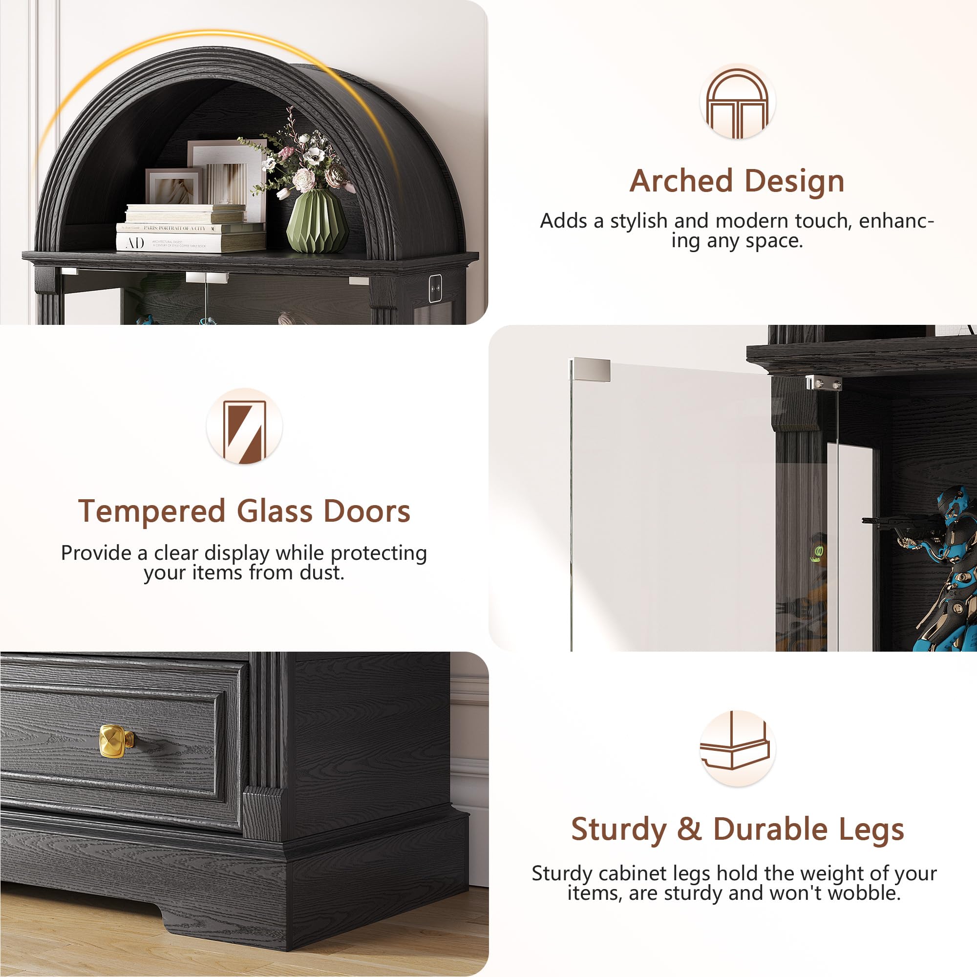 Arched Glass Display Cabinet with Sensor Lights