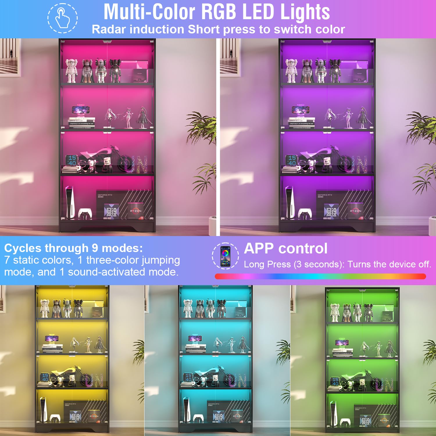 63" Glass Display Cabinet with Human Sensor RGB LED & 4-Tier Wood Shelves