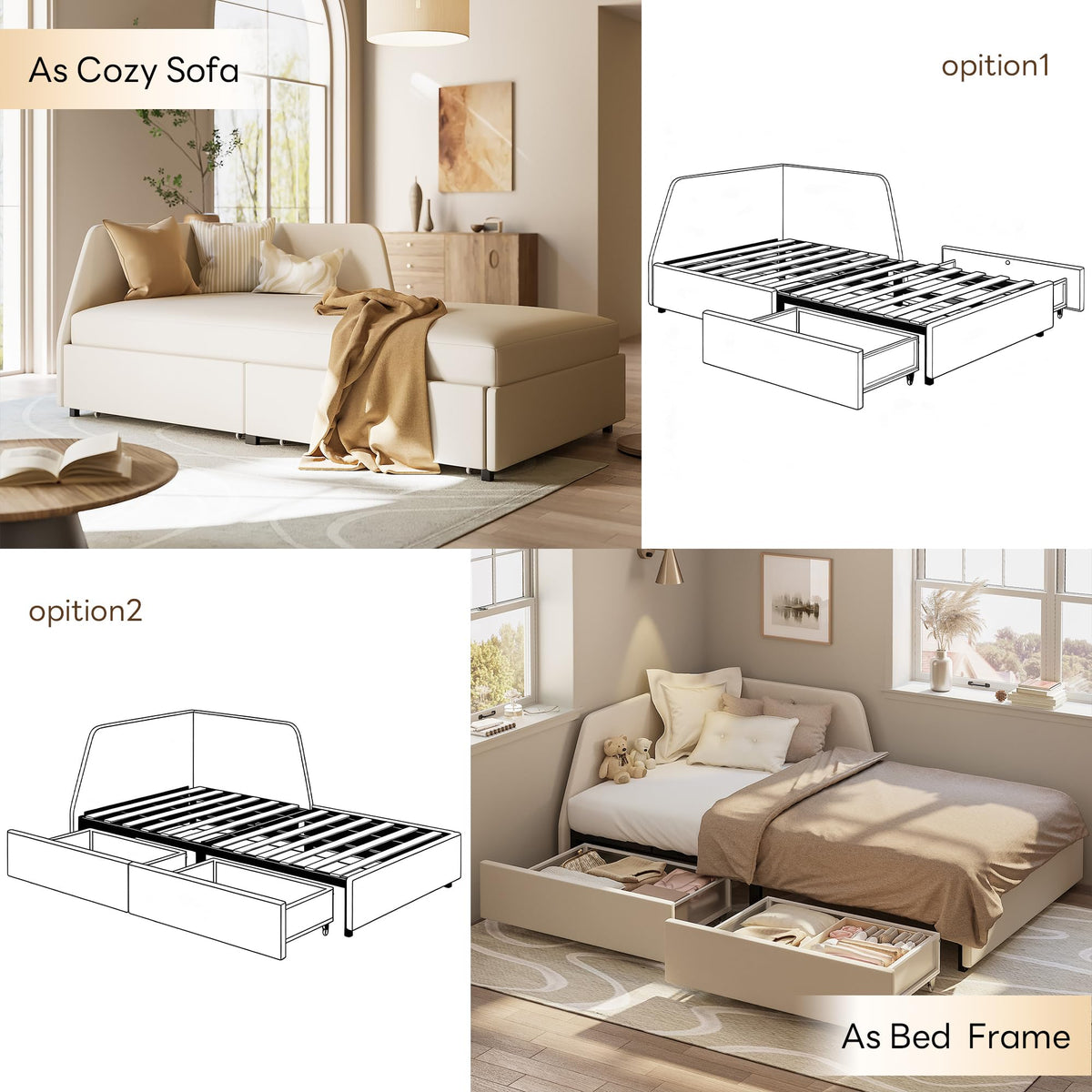 Twin Corner Sofa Bed Frame with Storage Drawers and Safety Rail