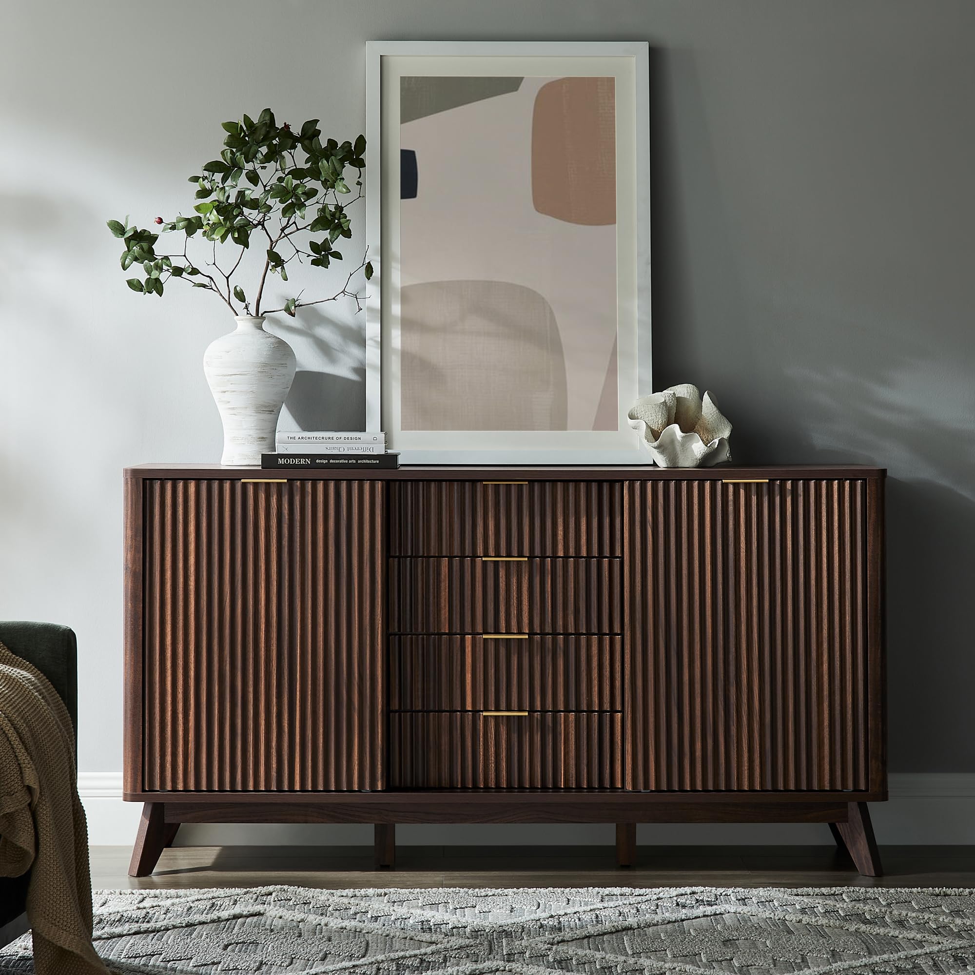 60" Fluted Dresser with Sliding Doors and 4 Drawers