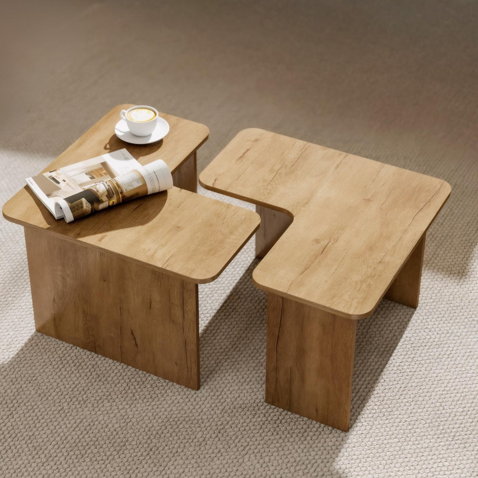 Modern Nesting Coffee Table Set of 2, Natural Wooden L-Shape Square Coffee Table for Living Room,Small Center Table End Table Sets Light Tabel with Rustic Wood Grain for Bedroom Office Cafe