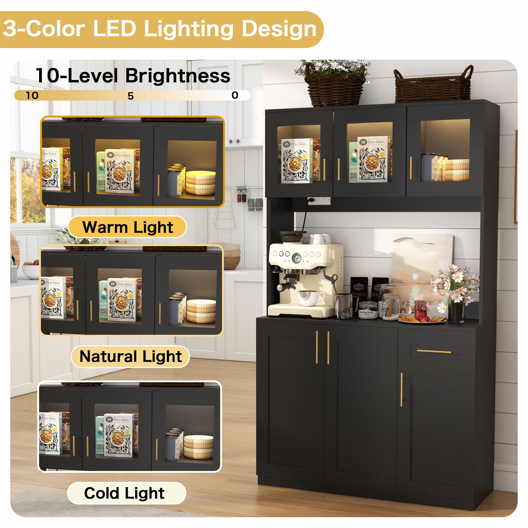 Kitchen Pantry Cabinet with Microwave Shelf and Charging Station