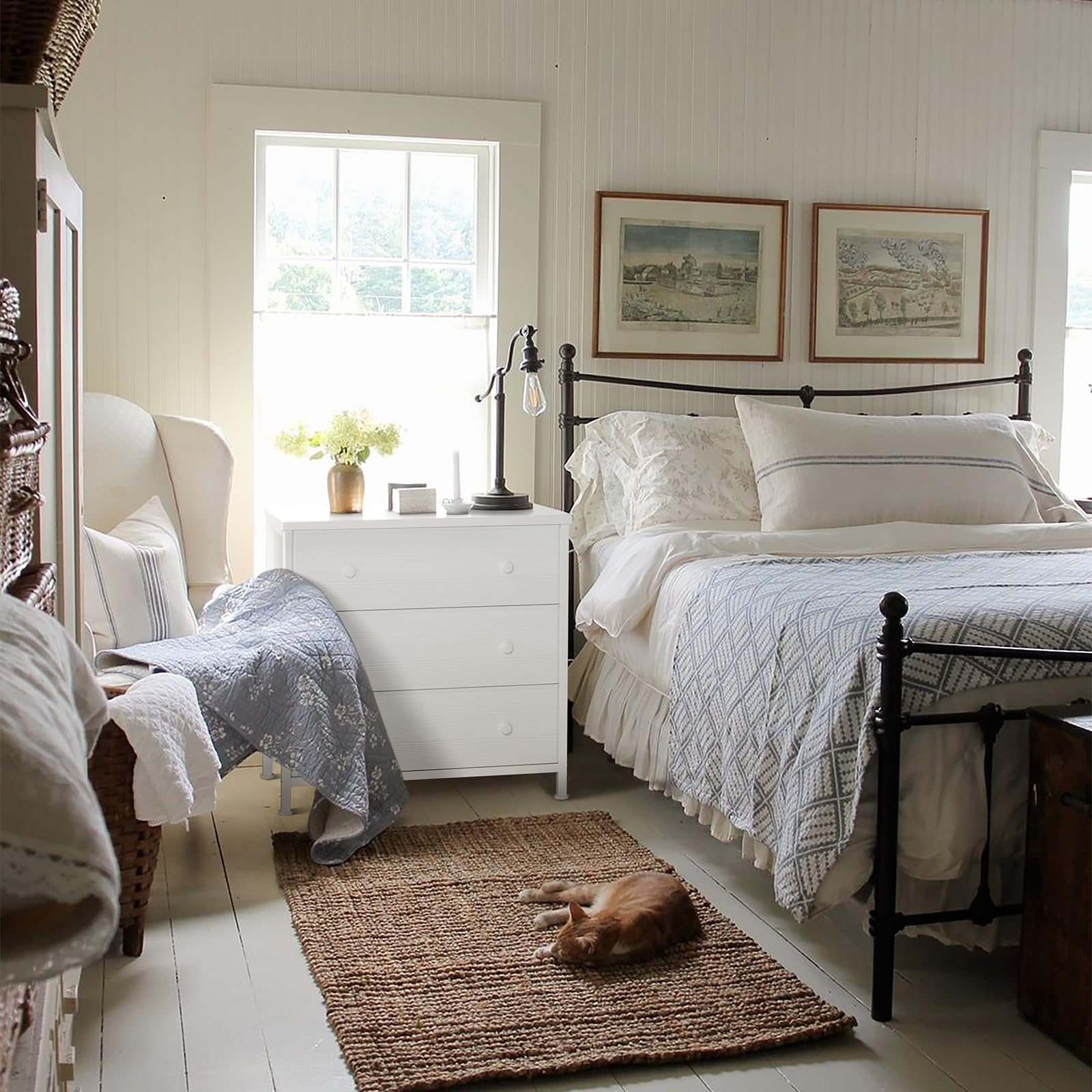 White Nightstand with 3 Fabric Drawers