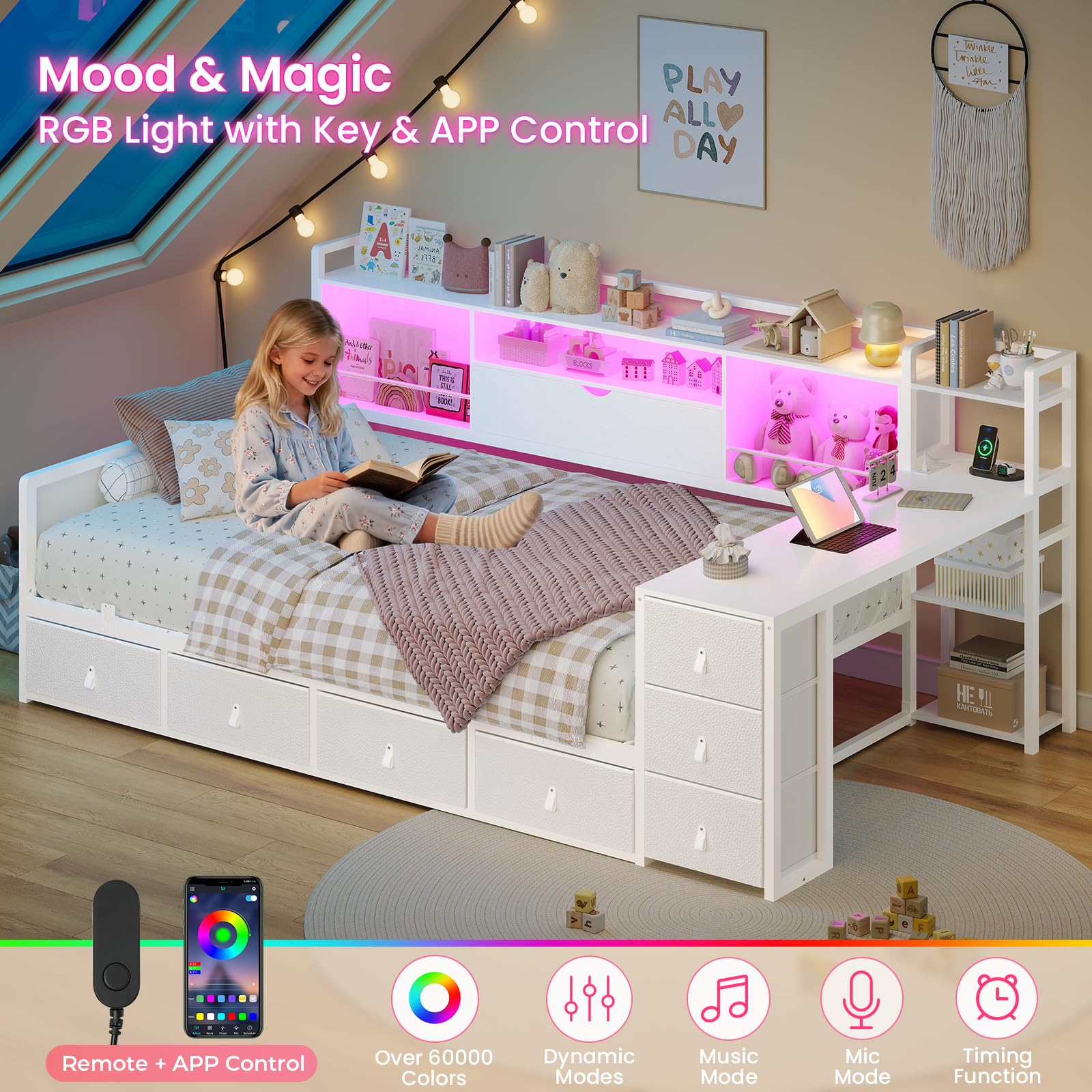 ADORNEVE Twin Corner Bed Frame with 7 Drawers, Desk & Bookcase Storage, Metal Platform Daybed with Charging Station and RGB Lights, for Kids Bedroom, No Box Spring Needed, White