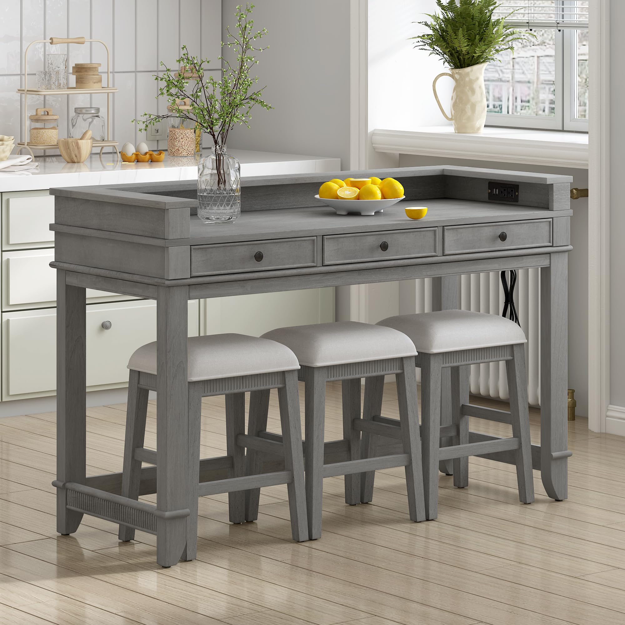 4-Piece Counter Height Dining Set with Charging Station and Storage Drawers
