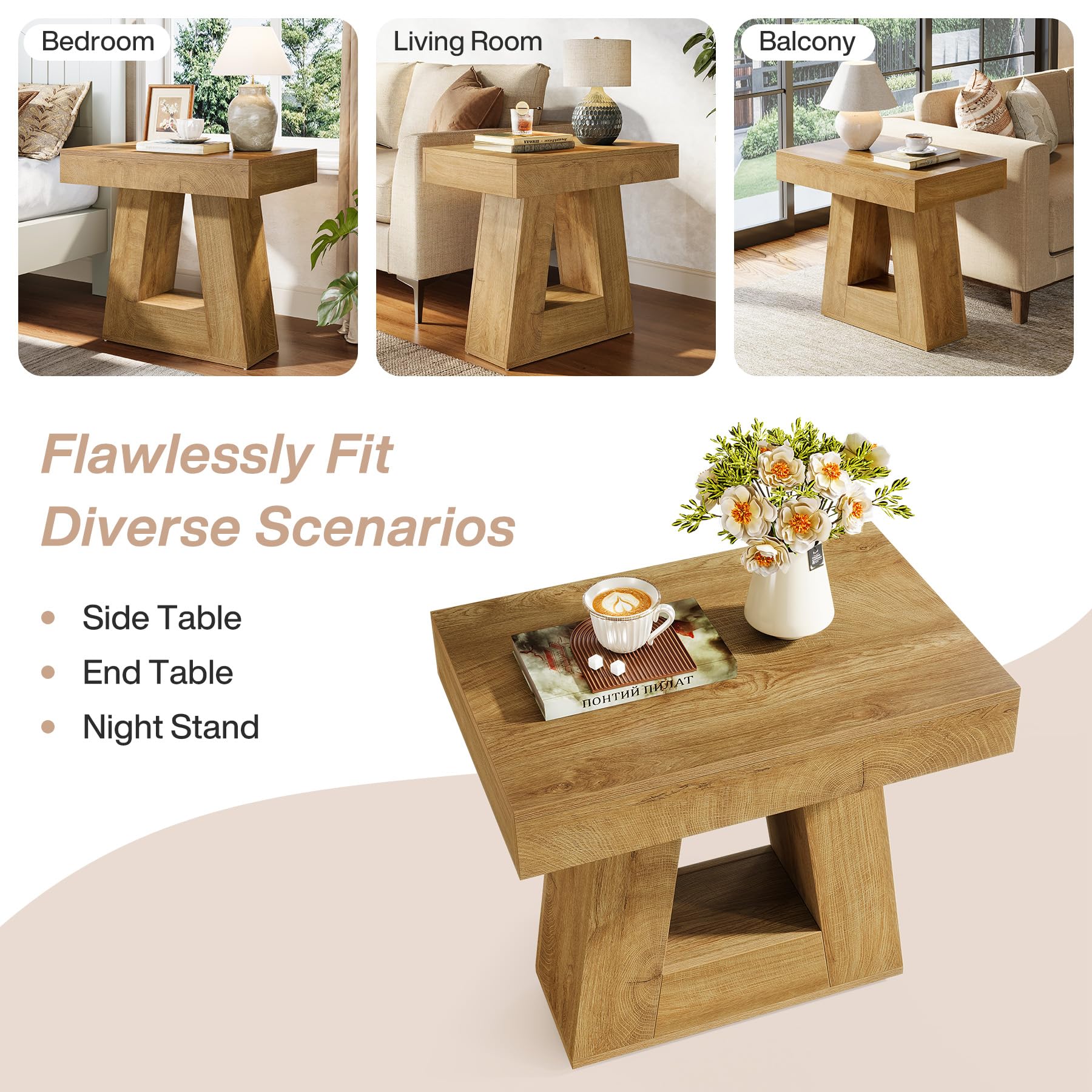 24" Modern Side Table 2-Tier Narrow Wooden End Table