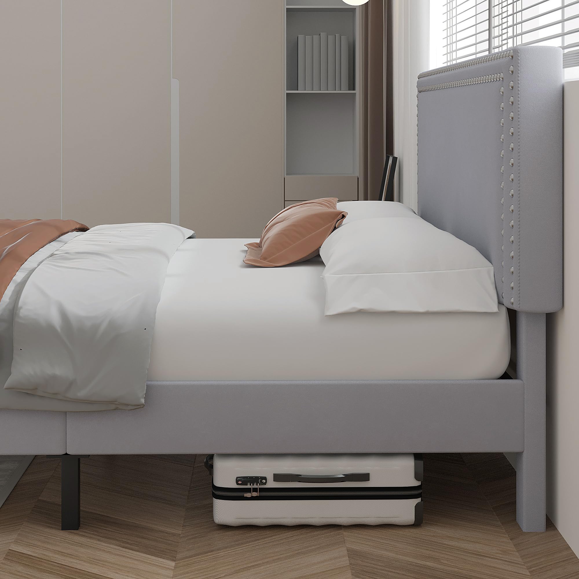 Queen Platform Bed Frame with Adjustable Upholstered Headboard