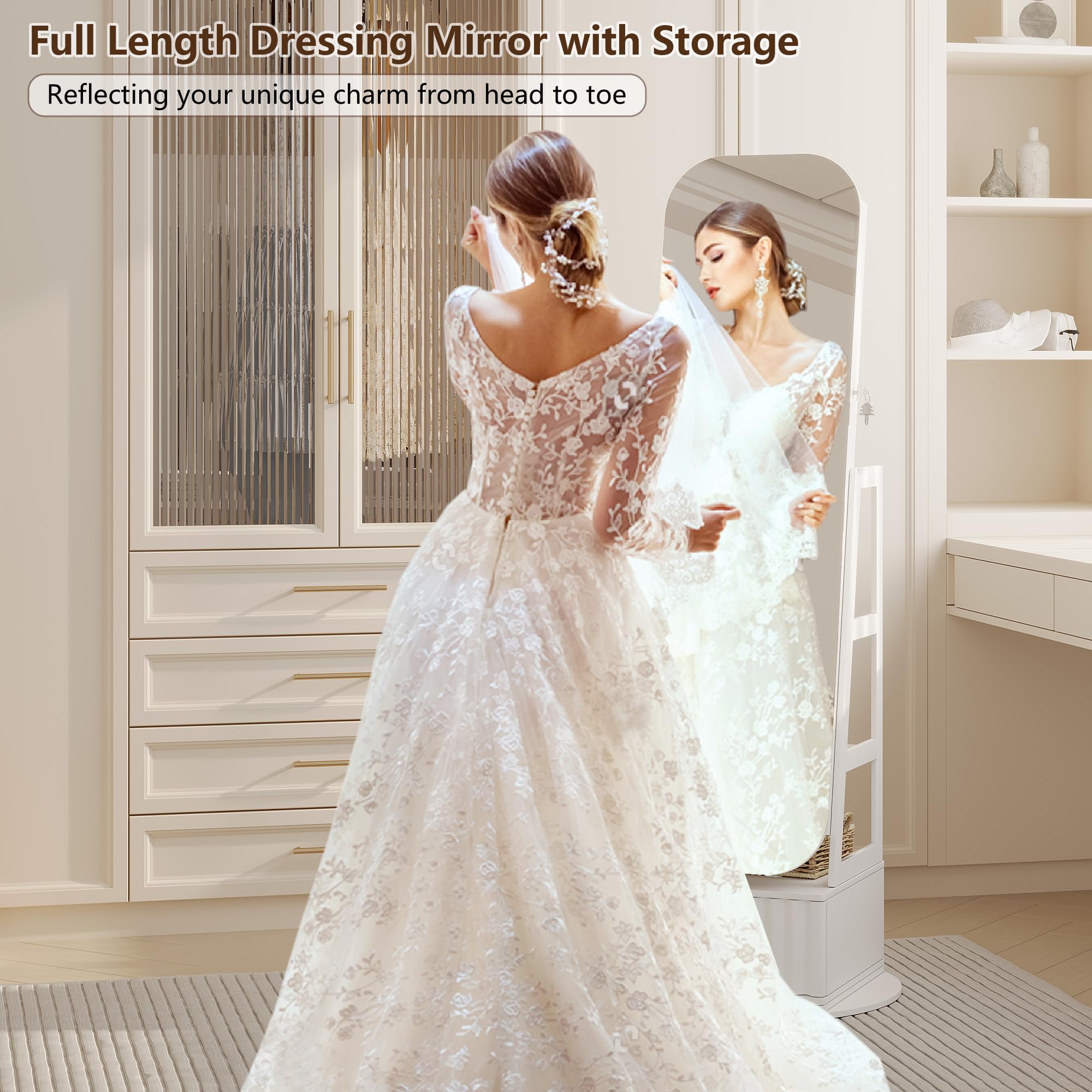 360° Swivel Full Length Mirror Jewelry Cabinet with LED Lights