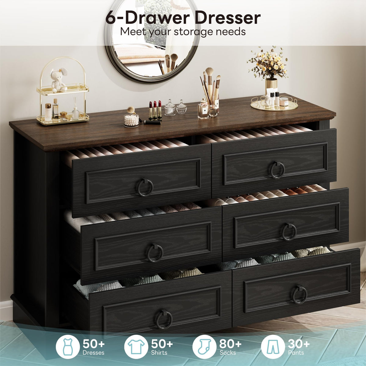 6-Drawer Dresser 47.2" Wide Farmhouse Chest