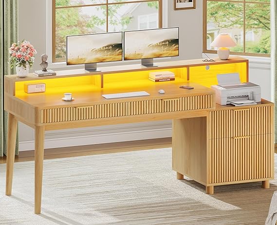 SEDETA Modern Office Desk with 4 Drawers, 59" Fluted Gaming Computer Desk with Storage, LED Lights and Power Strip, Wood Writing Desk Study Table for Home Office, Living Room, Bedroom, Brown